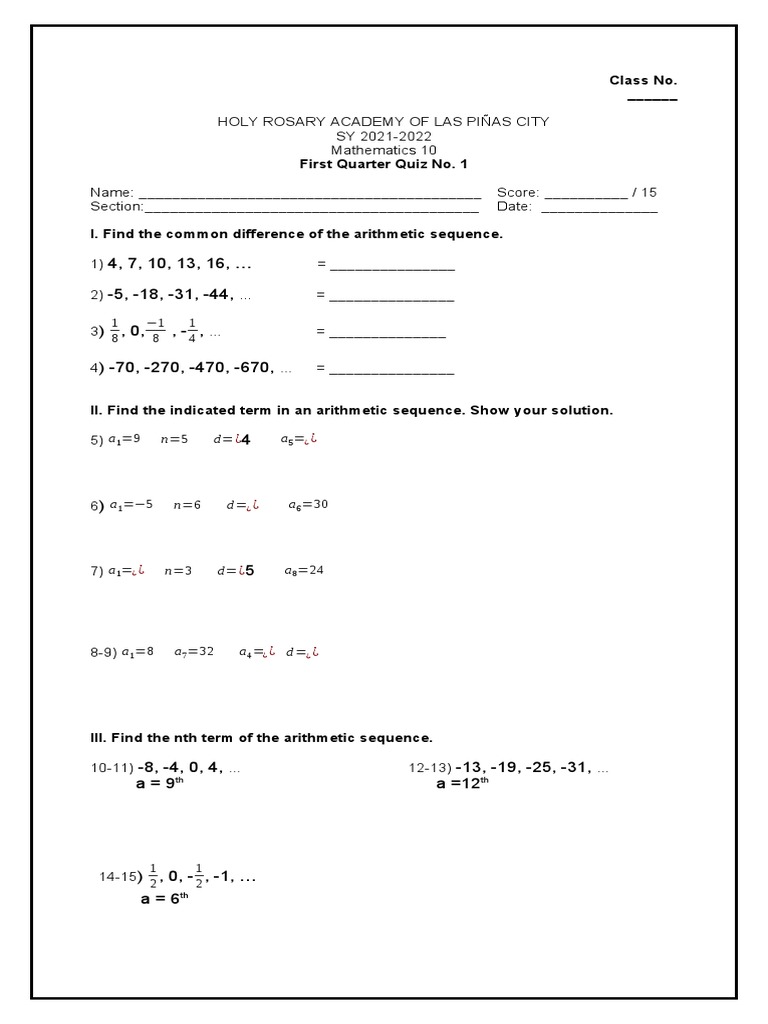 Math 10 First Quarter Quiz 1 | PDF