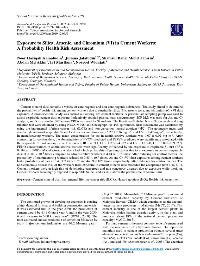 Exposure To Silica, Arsenic, and Chromium (VI) in Cement Workers A