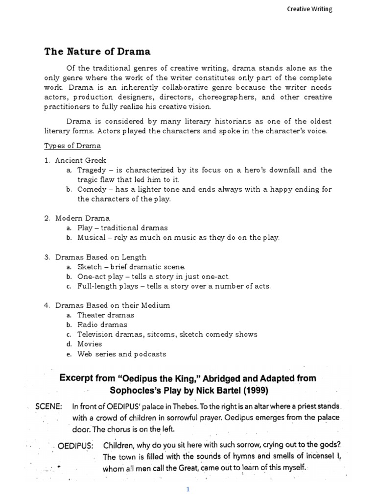 Elements and Types of Drama Writing | PDF | Play (Theatre) | Tragedy