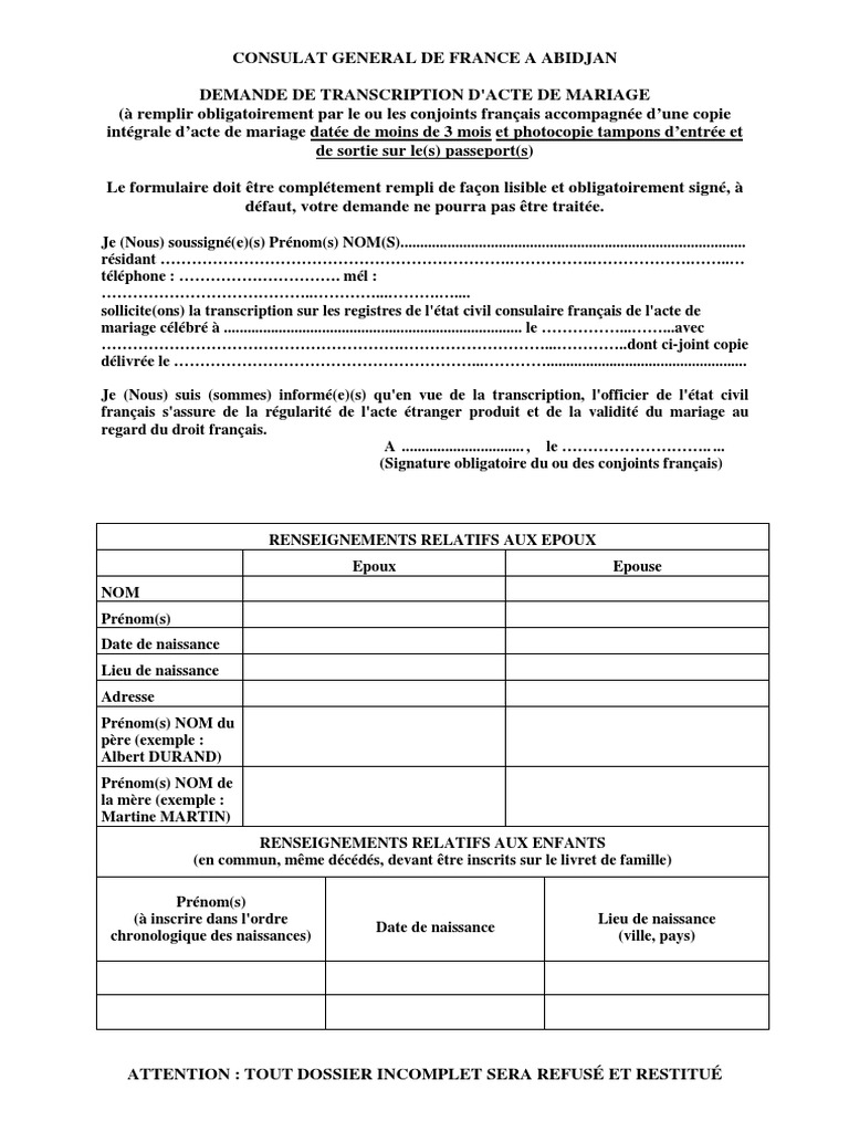 Formulaire De Demande De Transcription De Mariage Formulaire - de - Demande - Transcription - Mariage 3 | PDF