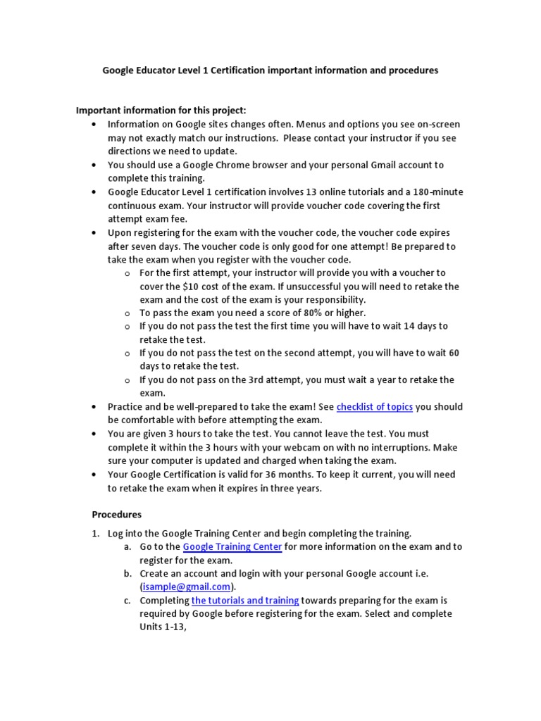 Google Educator Level 1 Certification Project PDF Test (Assessment) Login
