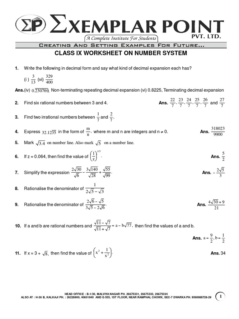 Class Ix Worksheet On Number System | PDF | Rational Number | Numbers