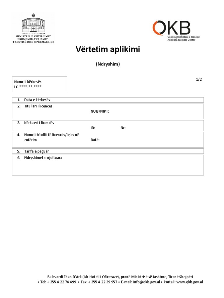 Formulari I Aplikimit Per Sherbimin Ndryshim | PDF