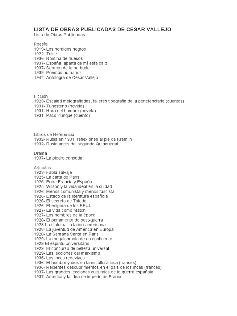 Lista de Obras Publicadas de Cesar Vallejo | PDF