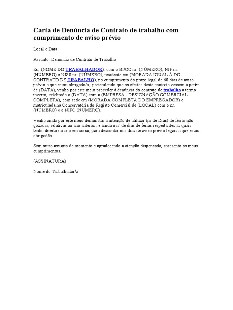 MInuta - Carta de Denúncia de Contrato de Trabalho Com Cumprimento de ...