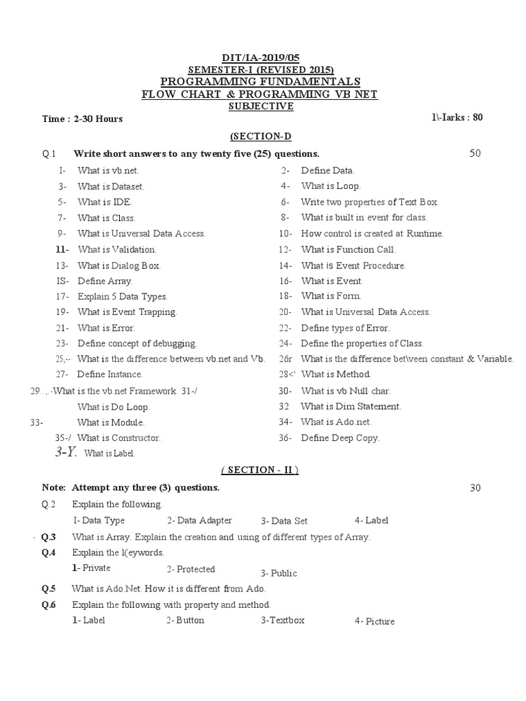 Programming Fundamentals Flow Chart Programming VB NET: & 1/-Iarks: 80 ...