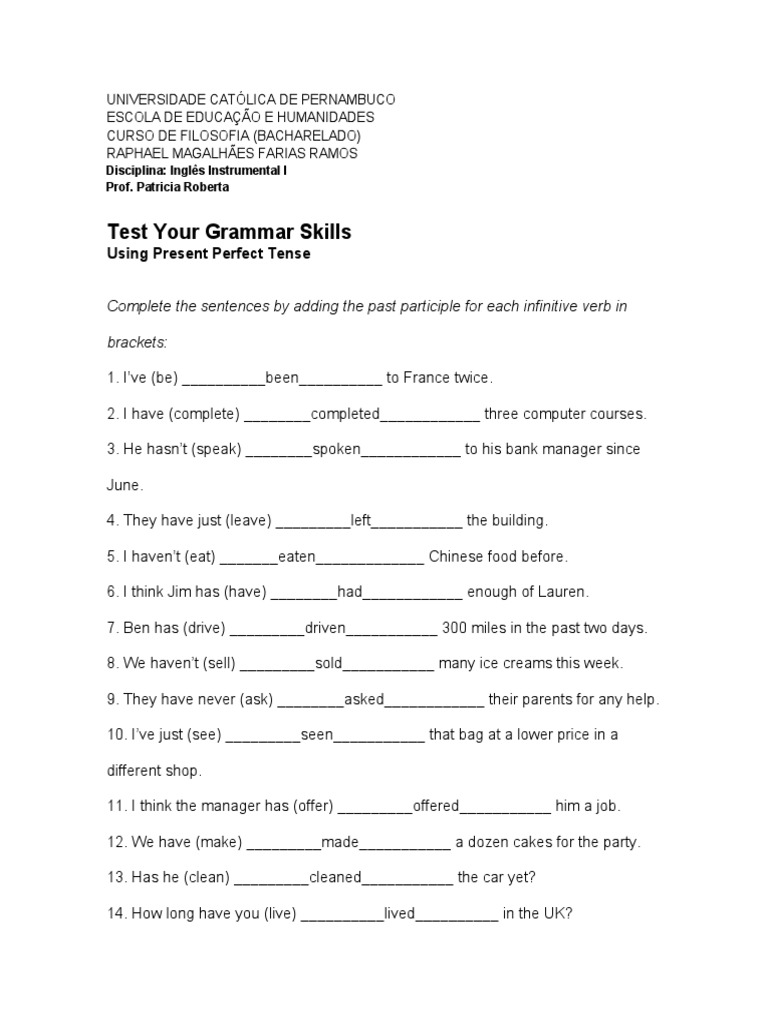 Present Perfect Grammar Exercises | PDF | Linguistics | Linguistic ...