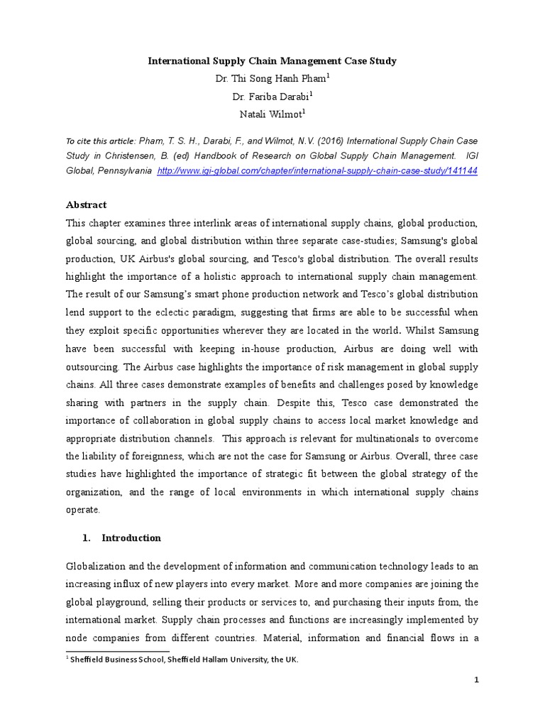 International Supply Chain Management Case Study Sheffield Business