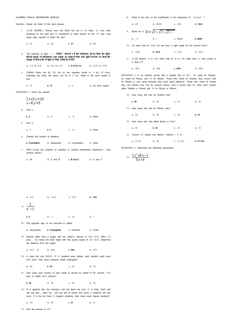 Ce Algebra Finals Refresher | PDF | Equations | Mathematical Concepts