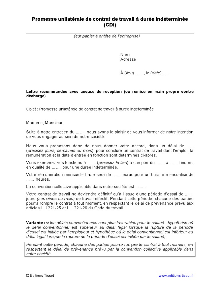 Promesse Unilaterale de Contrat de Travail A Duree Indeterminee CDI PDF Programmes sociaux