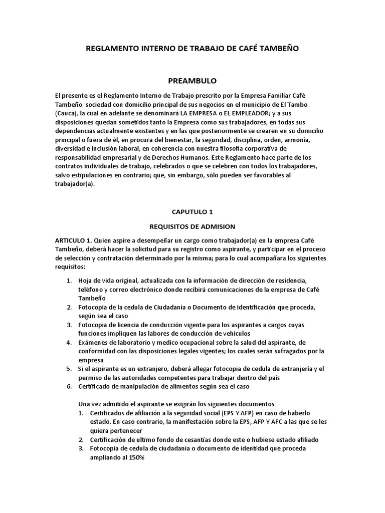 Reglamento Interno de Trabajo de Café Tambeño | PDF | Salario | Tiempo de  trabajo