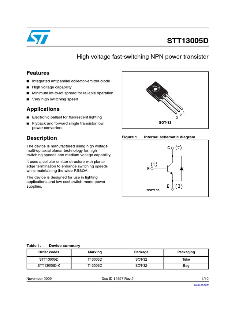 STT13005D High Voltage FastSwitching NPN Power Transistor PDF