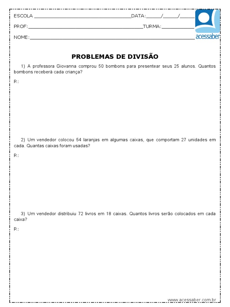 Atividade de Matematica Problemas de Divisao 2 4 Ano | PDF