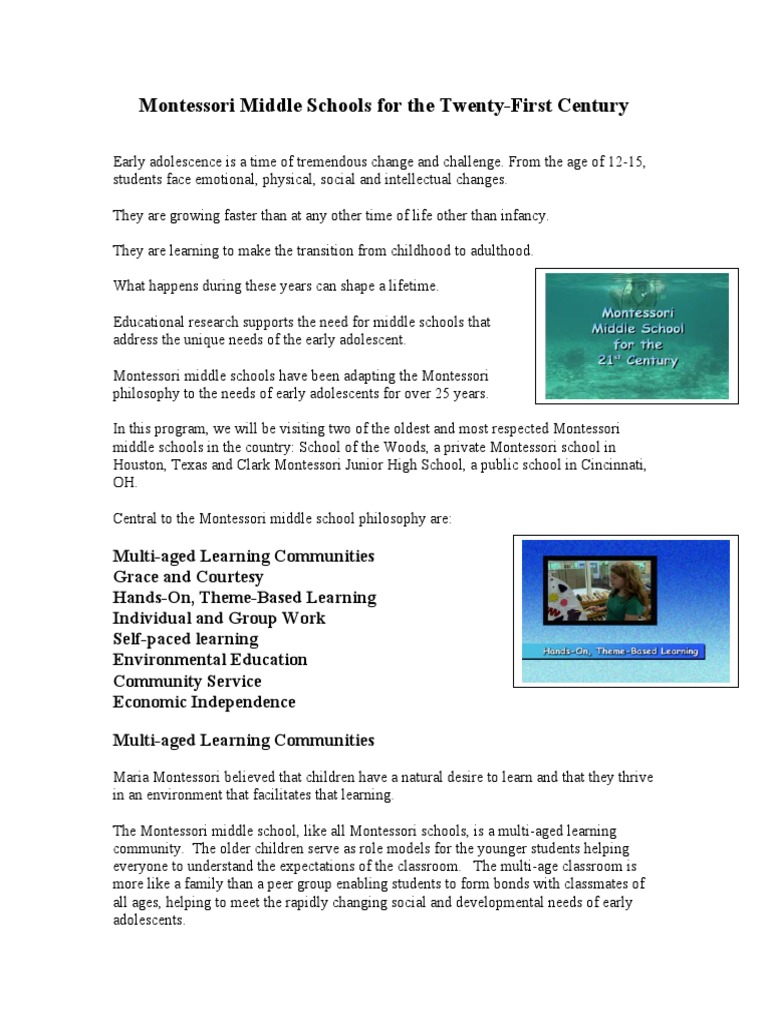 Montessori Middle Schools Overview | PDF | Montessori Education ...