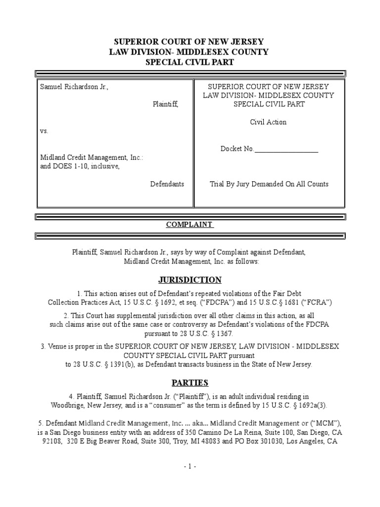 Midland Credit Management, Inc. COMPLAINT Doc 0 PDF Debtor Debt