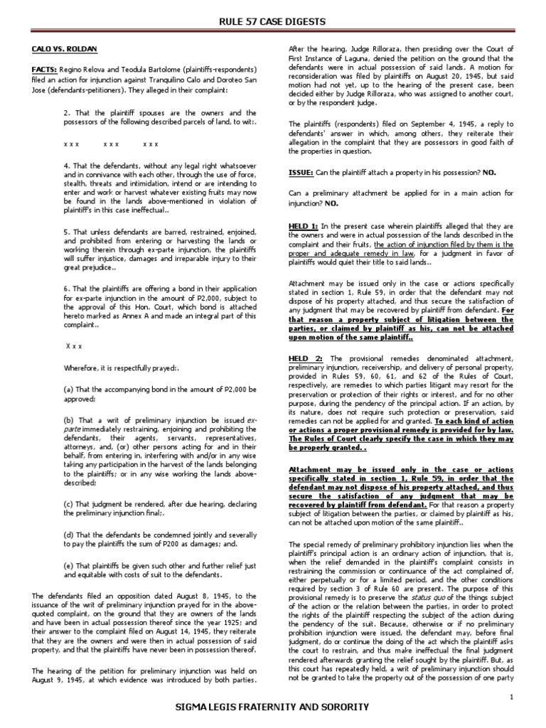 Rule 57 Case Digest: Calo vs. Roldan | PDF | Lawsuit | Injunction
