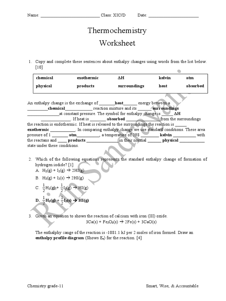 Thermochemistry Worksheet 1 PDF Enthalpy Nature