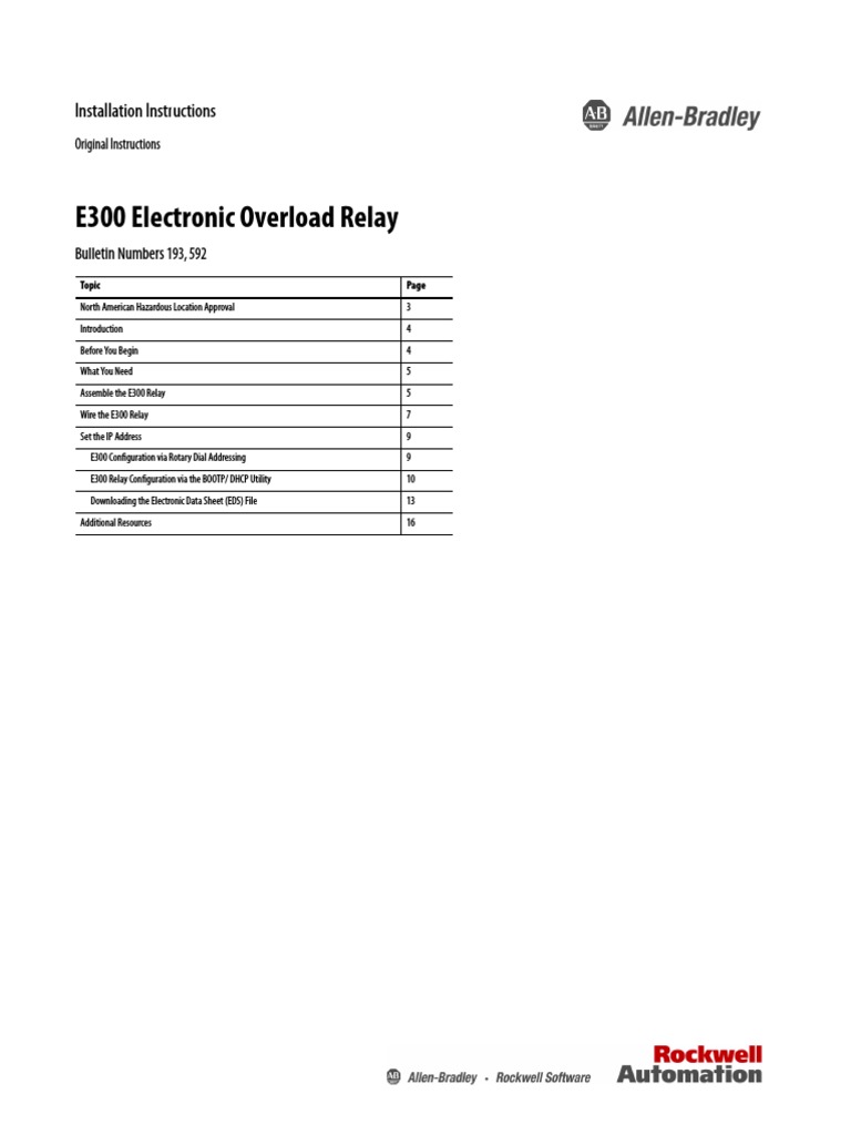 E300 Electronic Overload Relay Installation Instructions PDF