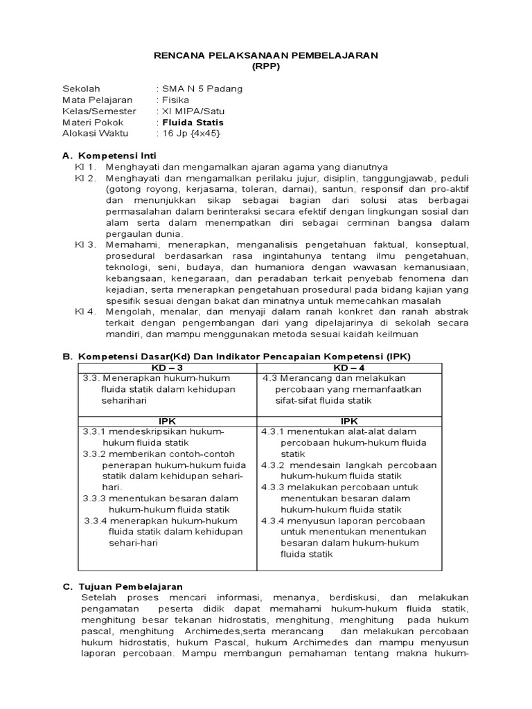 RPP Fluida Statis Kelas XI MIPA | PDF | Sains & Matematika