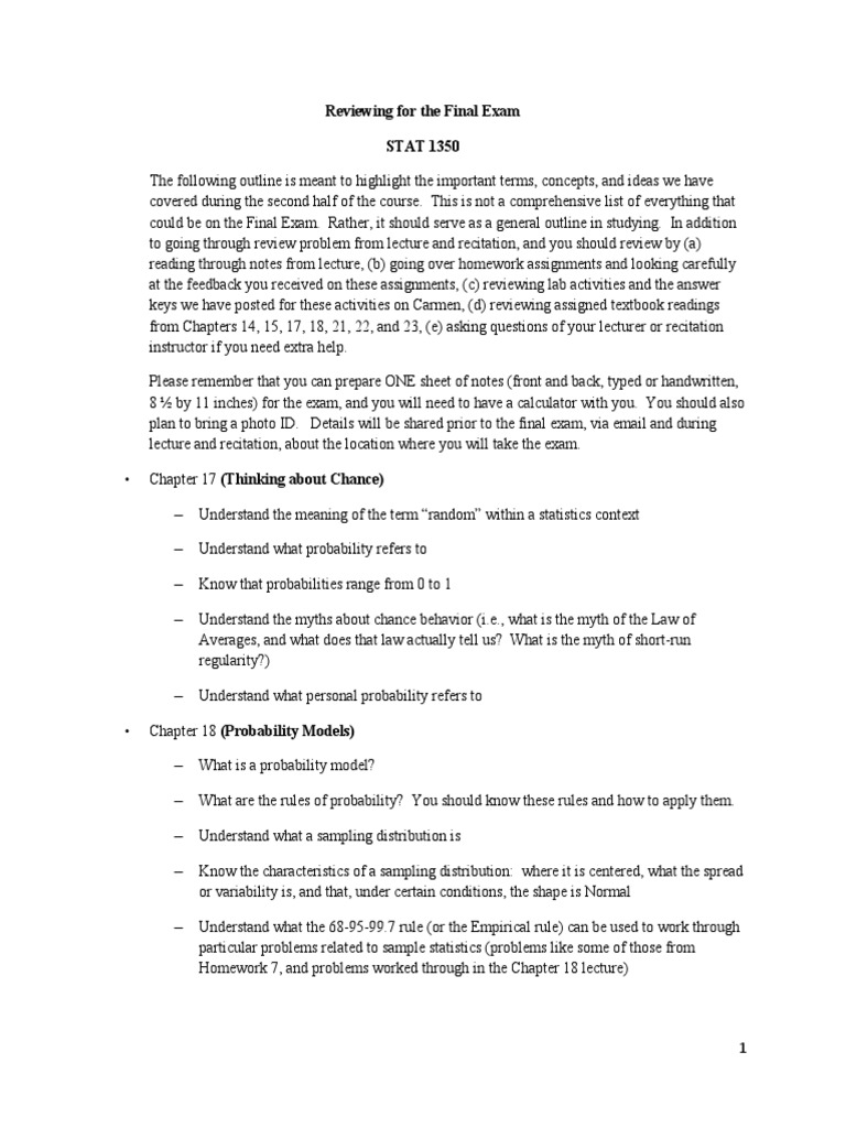 STAT 1350 Final Exam Guide | PDF | Confidence Interval | P Value