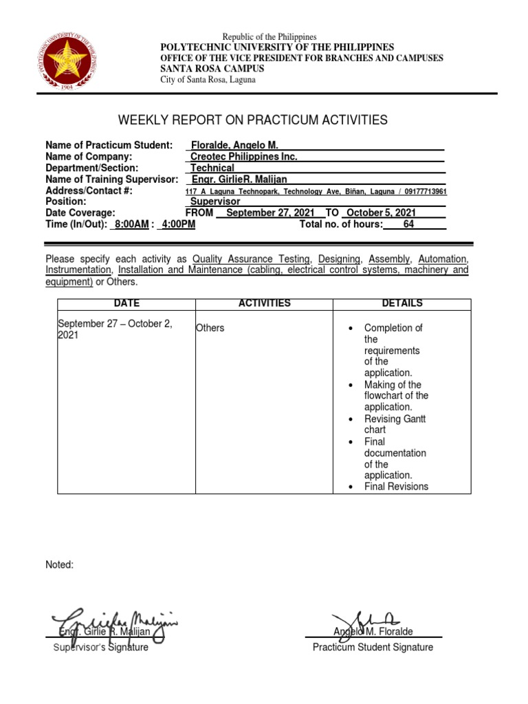 Weekly Practicum Activity Report | PDF | Engineering | Computer Science