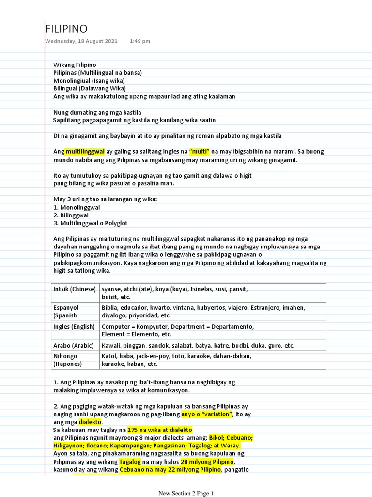 FILIPINO 1sst Sem Notes | PDF