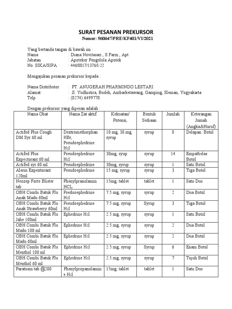 Surat Pesanan Obat Prekursor APL | PDF | Pengembangan Diri
