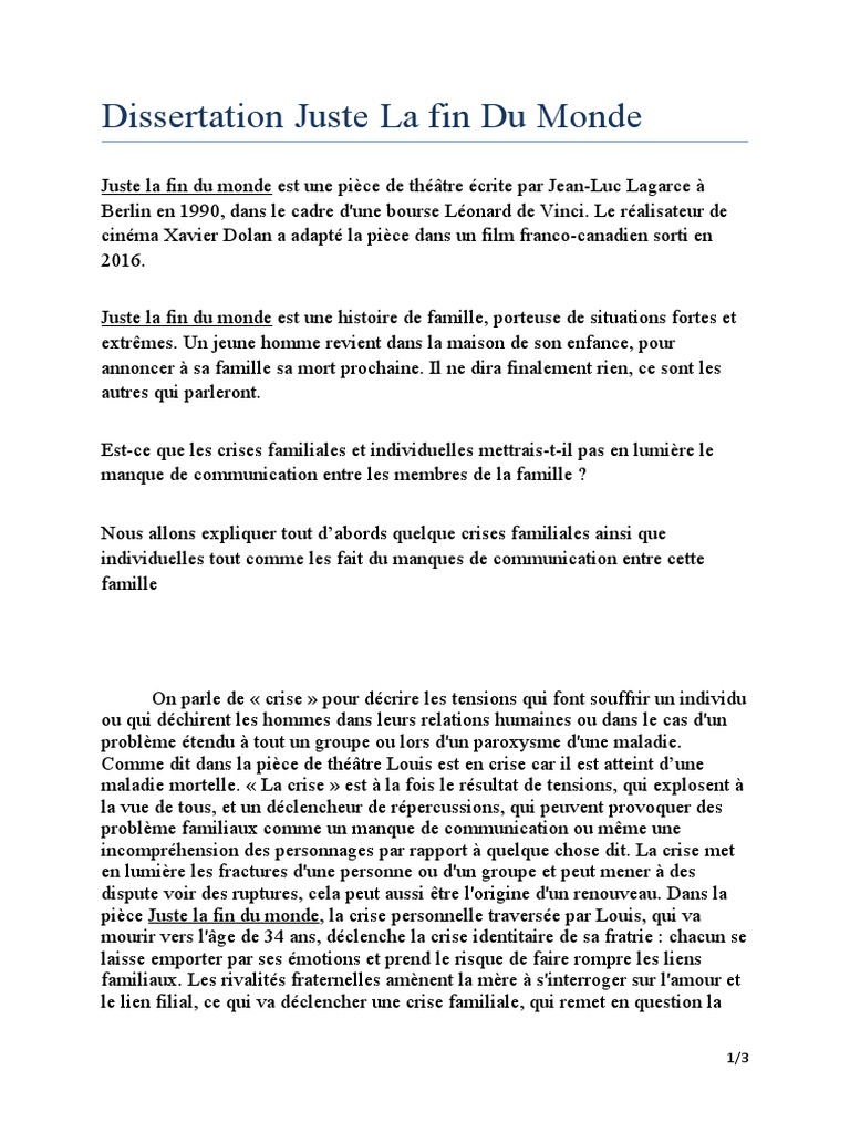 Dissert Juste La Fin Du Monde Exemple Dissertation Juste La Fin Du Monde | PDF