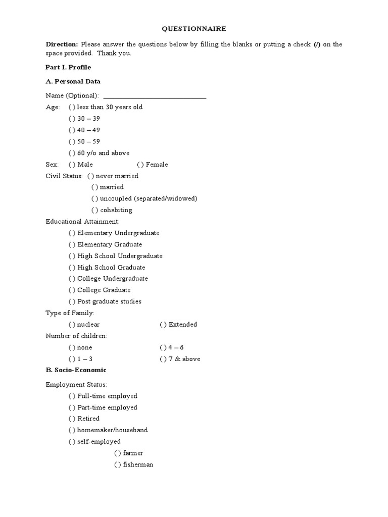Survey Questionnaire PDF Toilet Foods