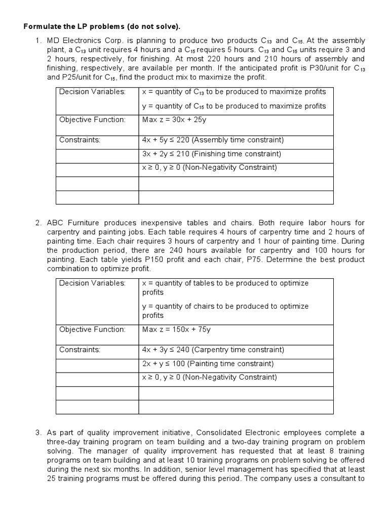 Formulation of Linear Programming Problems | PDF | Linear Programming ...