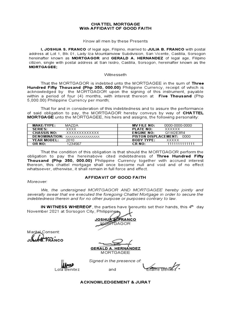 Chattel Mortgage With Affidavit of Good PDF Mortgage Law Business Law