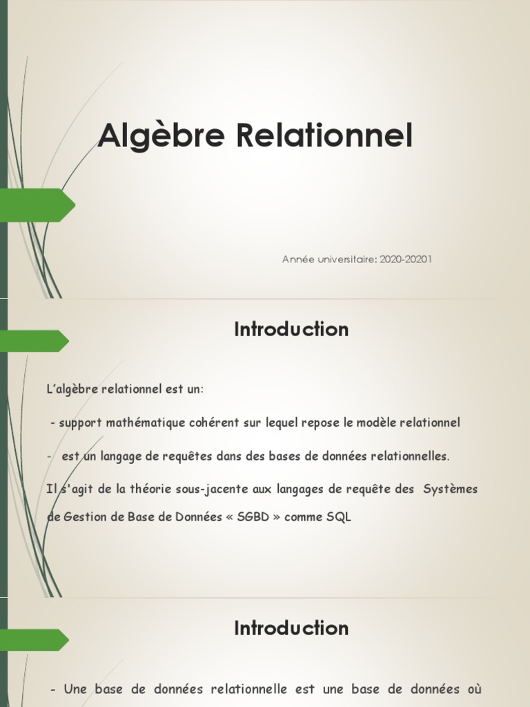 Introduction à l'Algèbre Relationnelle | PDF | Base de données ...