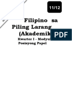Filipino Sa Piling Larang (Akademik) : Kwarter I - Modyul 3 Posisyong Papel