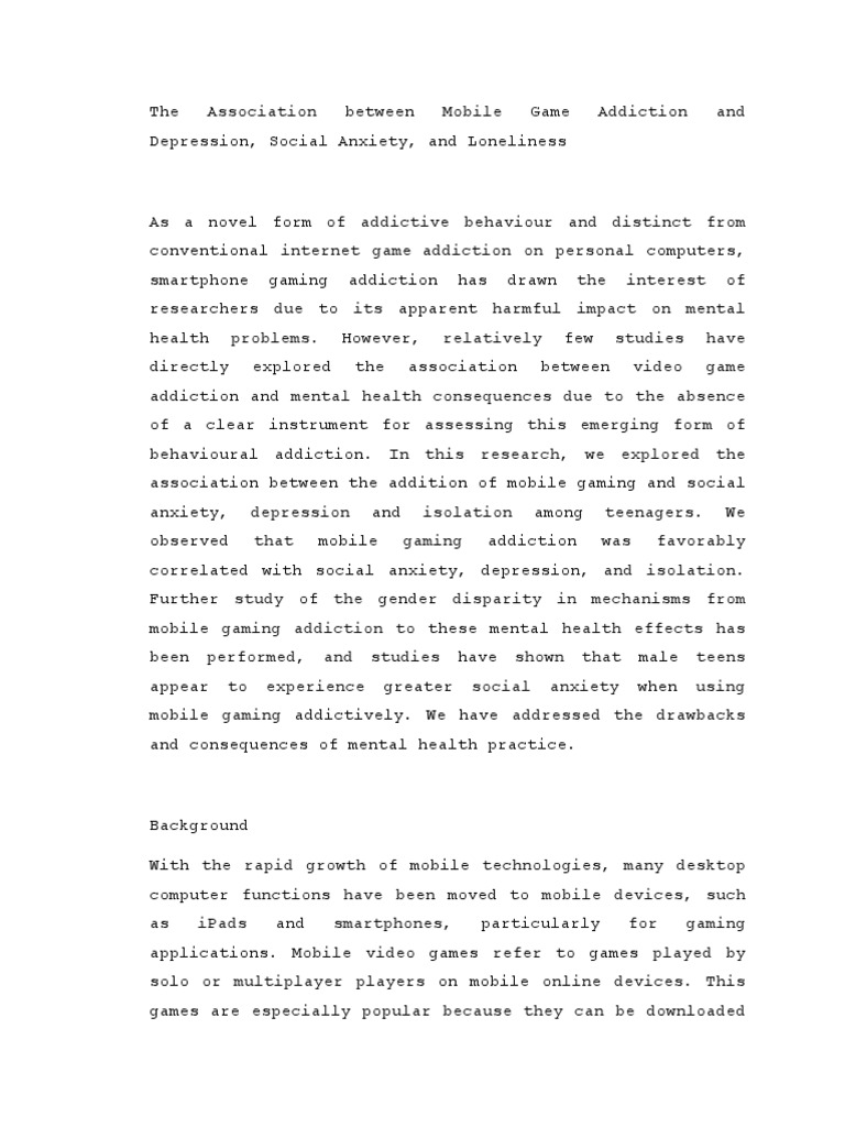 The Association between Mobile Game Addiction and Depression, Social