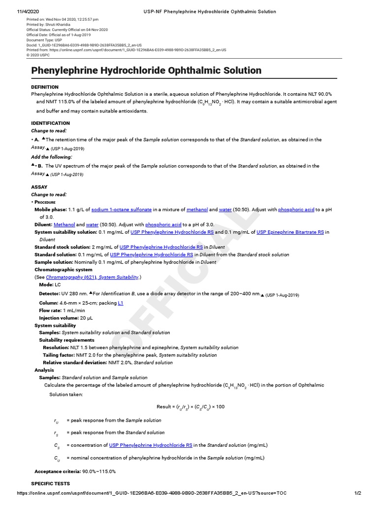 USP-NF Phenylephrine Hydrochloride Ophthalmic Solution | PDF ...