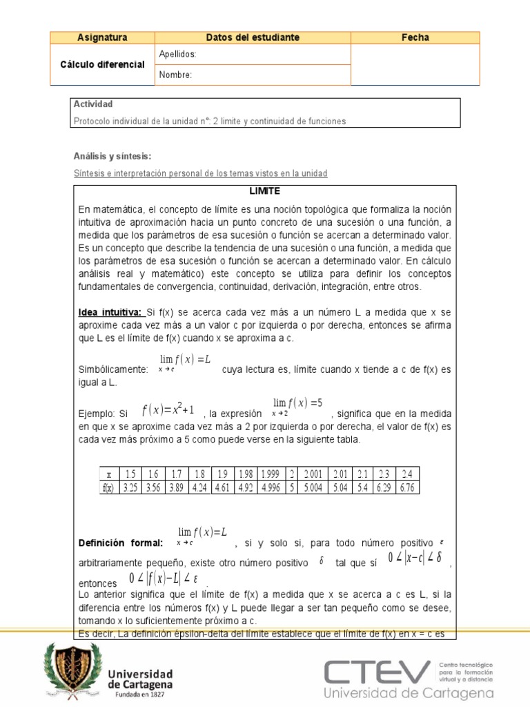 Calculo Diferencial Unidad 2 Protocolo Individual PDF Función continua Límite (Matemáticas)
