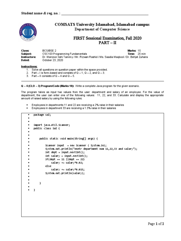 COMSATS University Islamabad, Islamabad Campus: FIRST Sessional ...