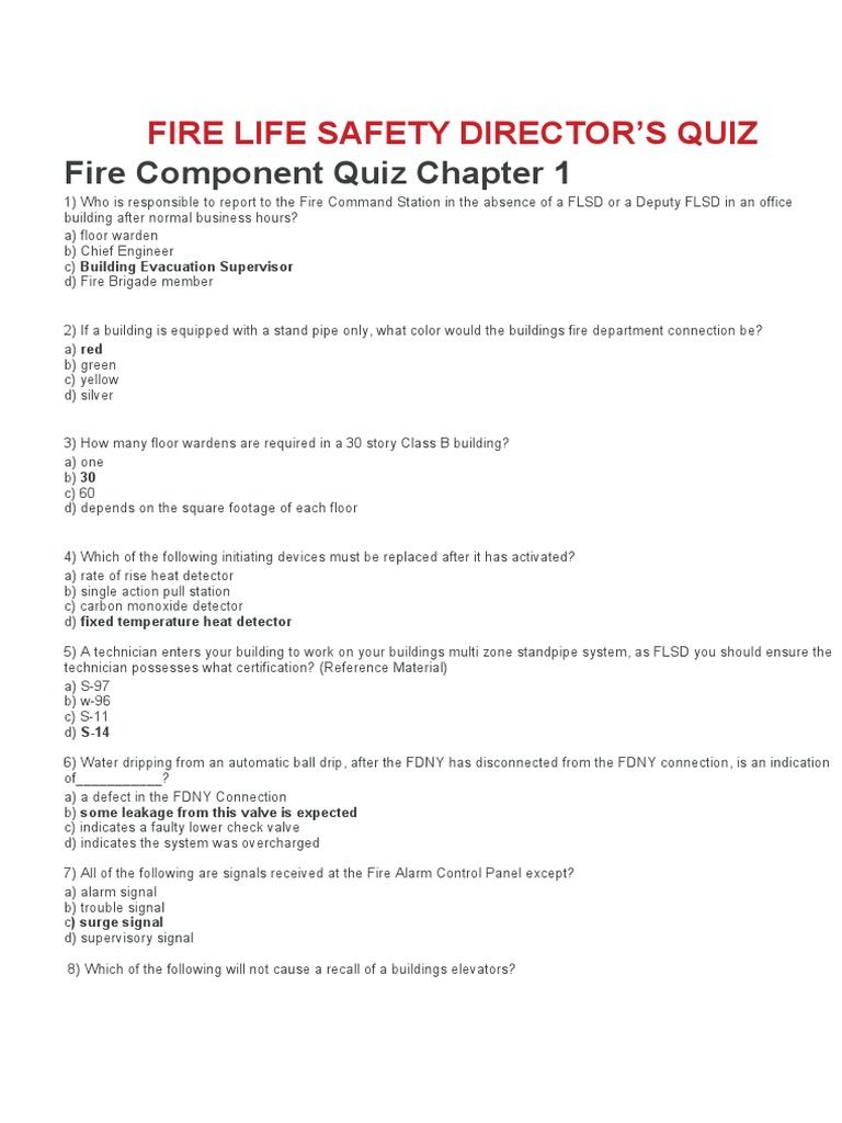 FLSD Fire Component Quiz PDF Elevator Fire Sprinkler System