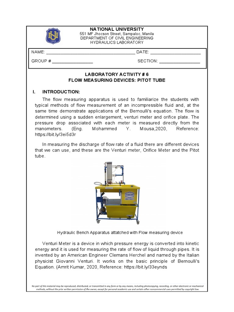 Laboratory Activity 6 Pitot Tube PDF Flow Measurement Chemistry