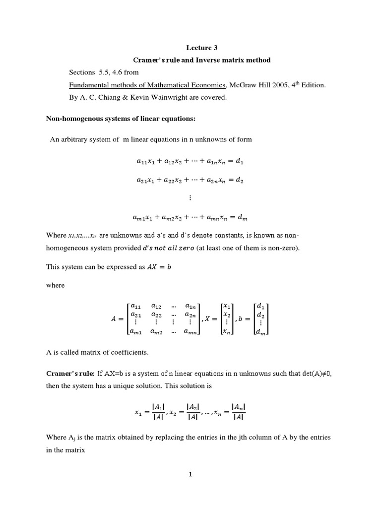 Cramer's Rule and Inverse Matrix Method PDF System Of Linear