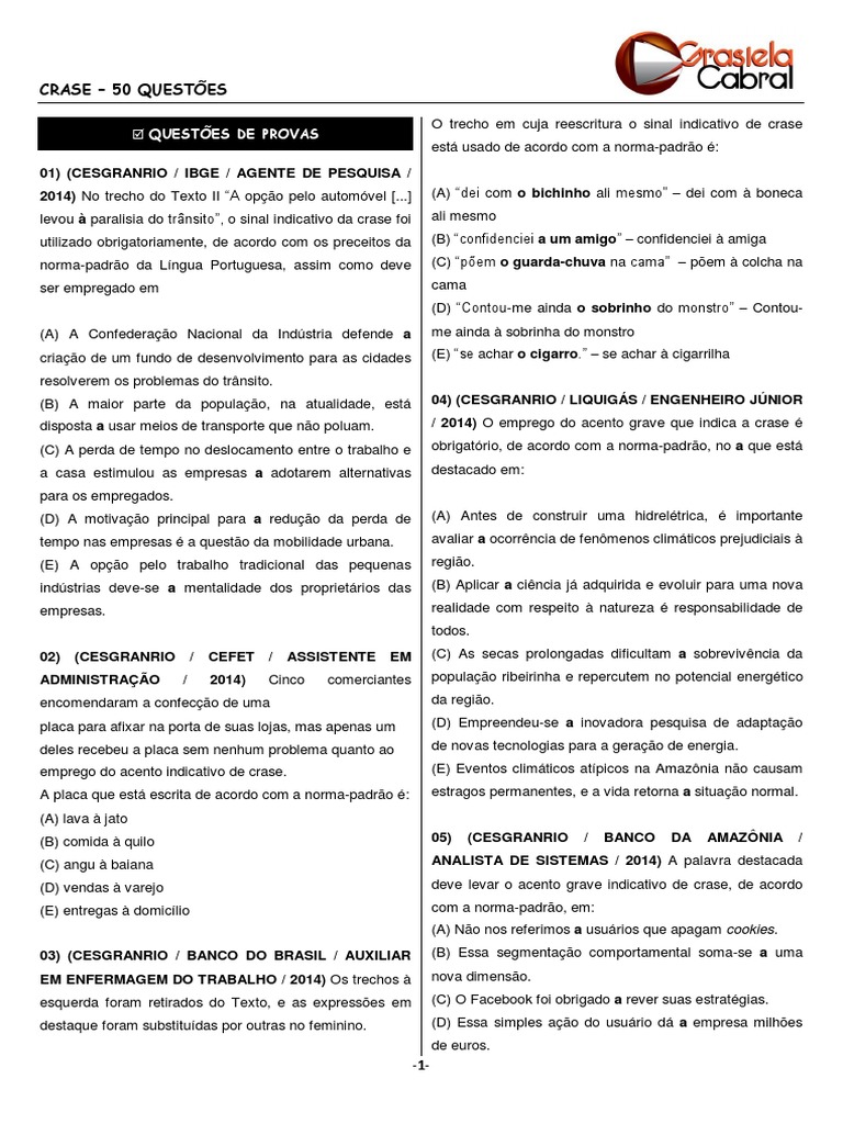 Questões sobre Crase: 50 Exercícios | PDF | Estresse (Linguística ...