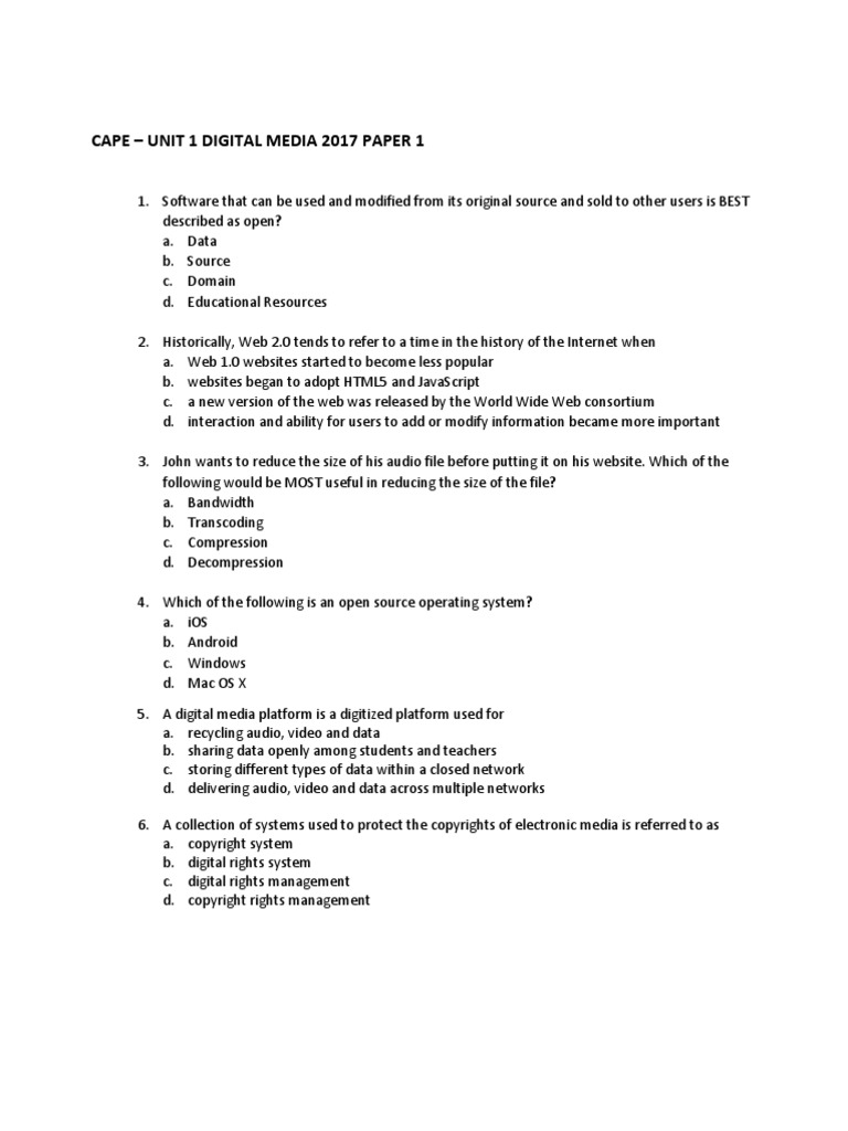 Cape - Unit 1 Digital Media 2017 Paper 1 | PDF | Internet & Web | World ...