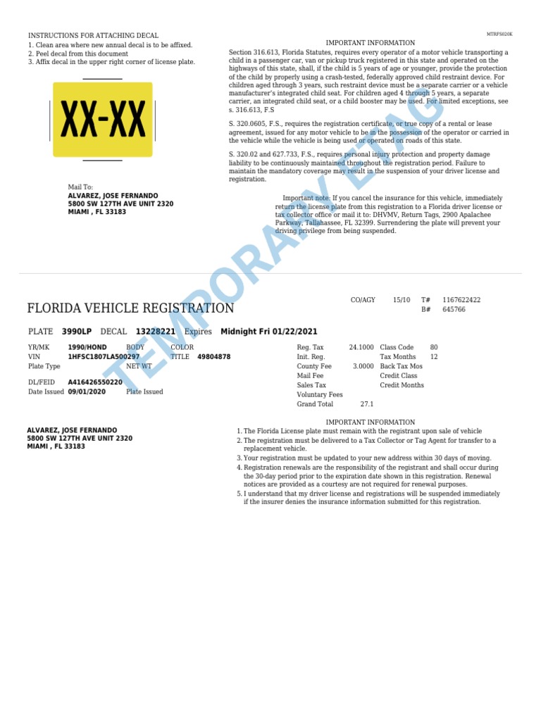 Florida Vehicle Registration Alvarez, Jose Fernando 5800 SW 127TH AVE UNIT 2320 MIAMI, FL 33183