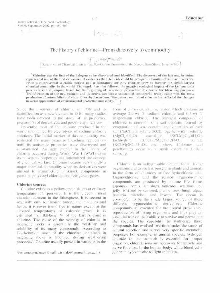 The History of Chlorine From Discovery To Commodity PDF Chlorine