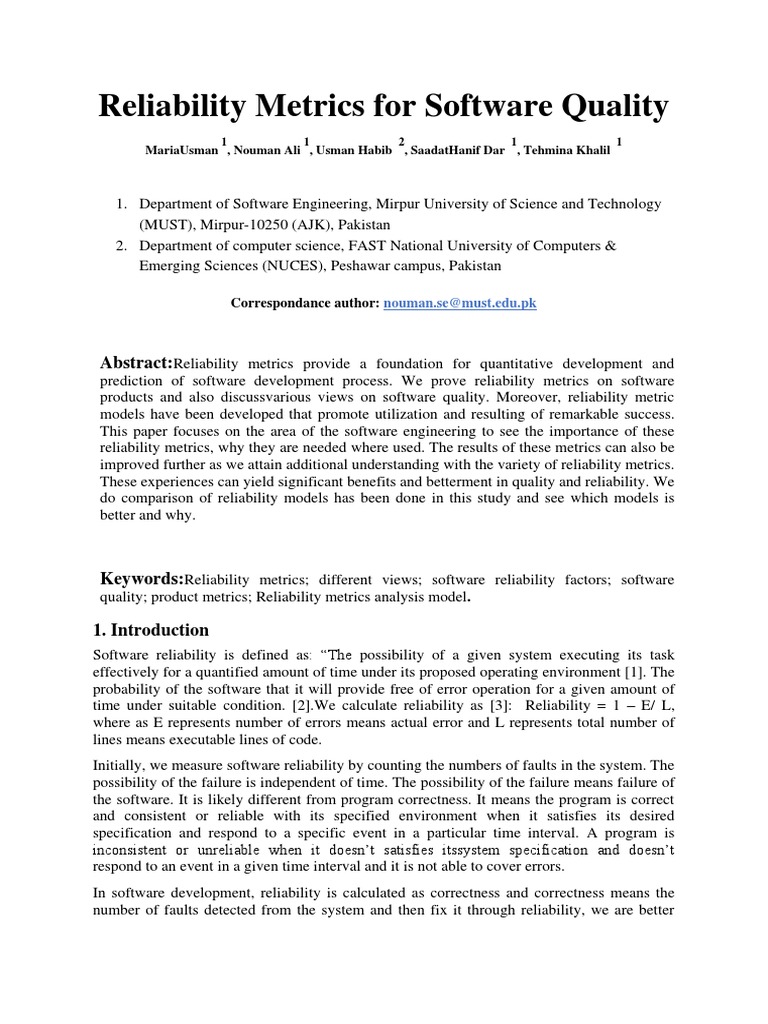 Reliability Metrics For Software Quality | PDF | Reliability ...