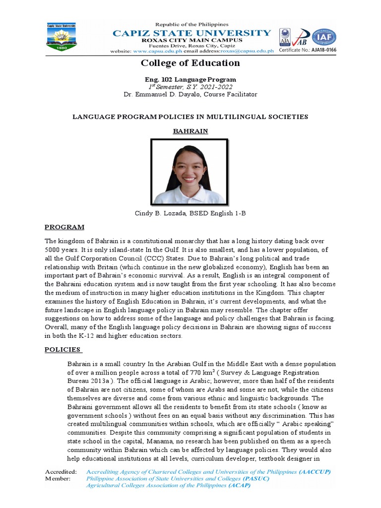 BAHRAIN Language Program And Policies PDF Bahrain Multilingualism