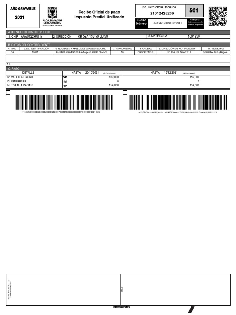 Recibo de Pago Impuesto Predial 2021 | PDF