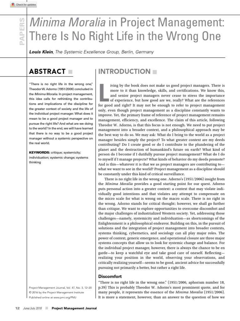 Minima Moralia in Project Management PDF Theodor W. Adorno