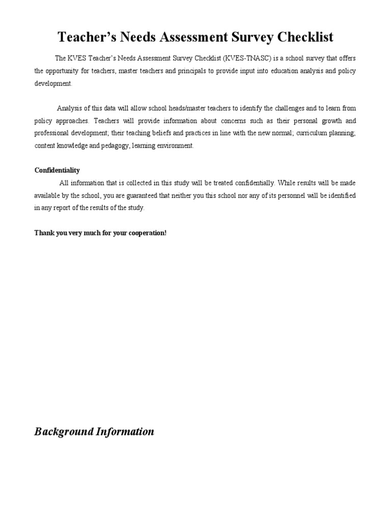 Teacher Needs Assessment Survey | PDF | Educational Technology | Teachers