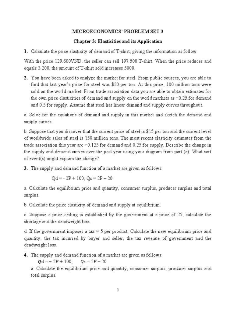Microeconomics Problem Set on Elasticities | PDF | Demand | Elasticity ...